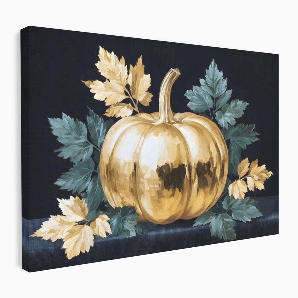 Tablou canvas cu tablou cu dovleac auriu si frunze, fara rama, pe sasiu de lemn